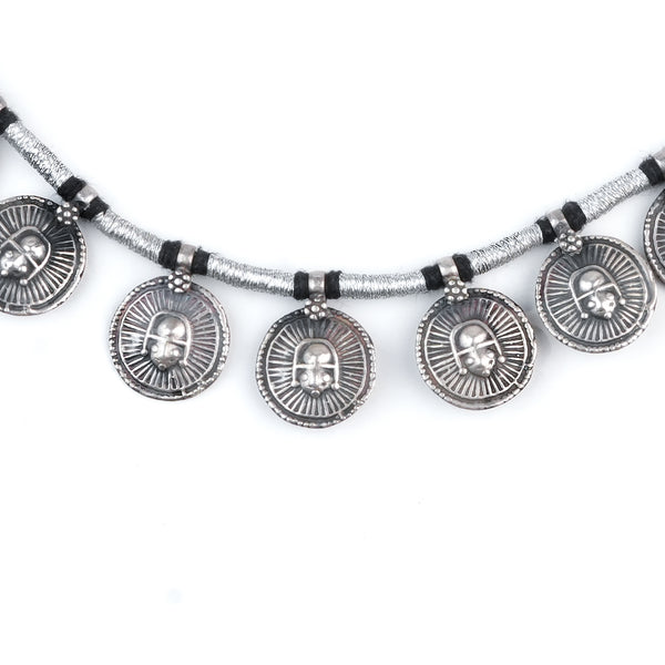 Silver Oxidised Coin Putali Necklace with Black Thread