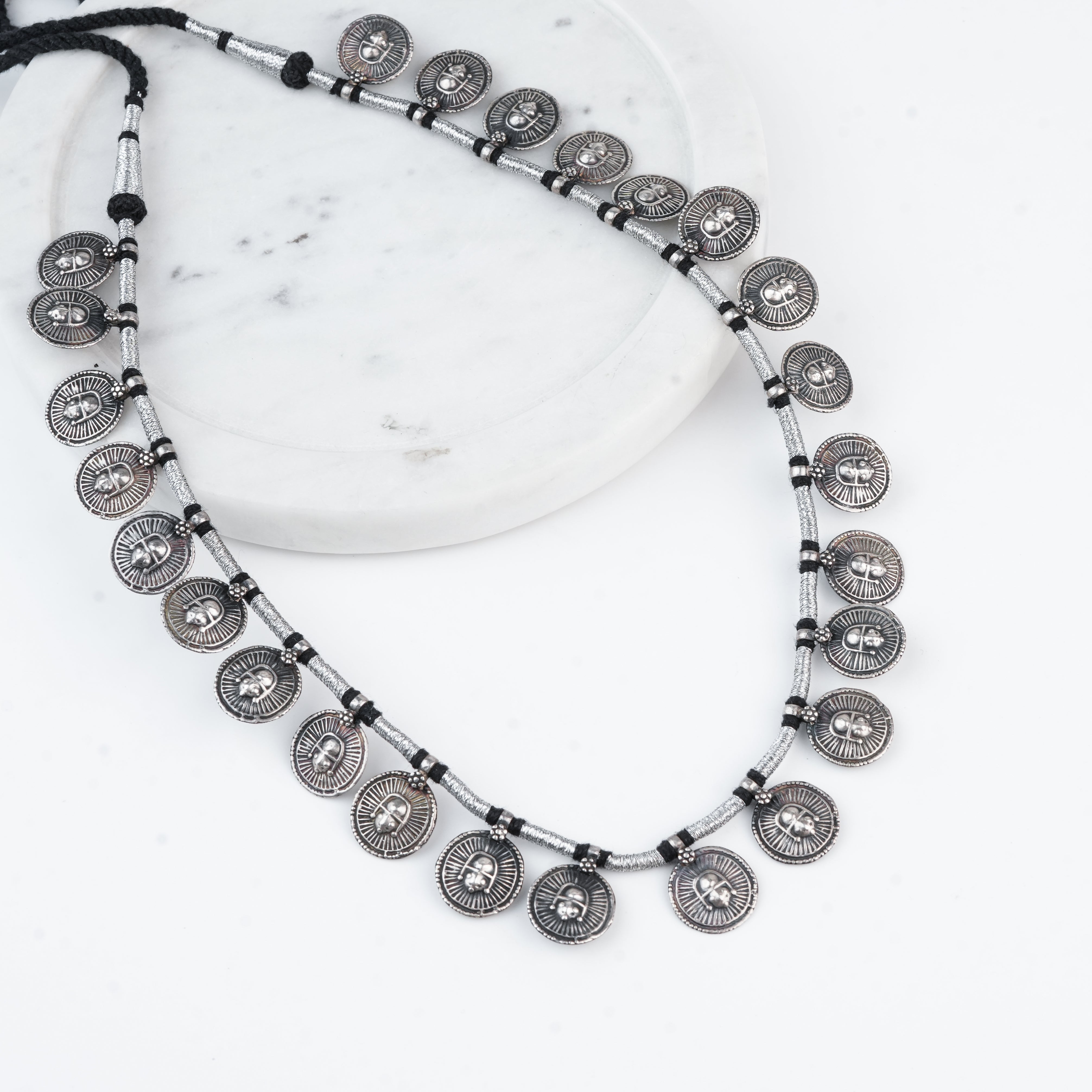 Silver Oxidised Coin Putali Necklace with Black Thread