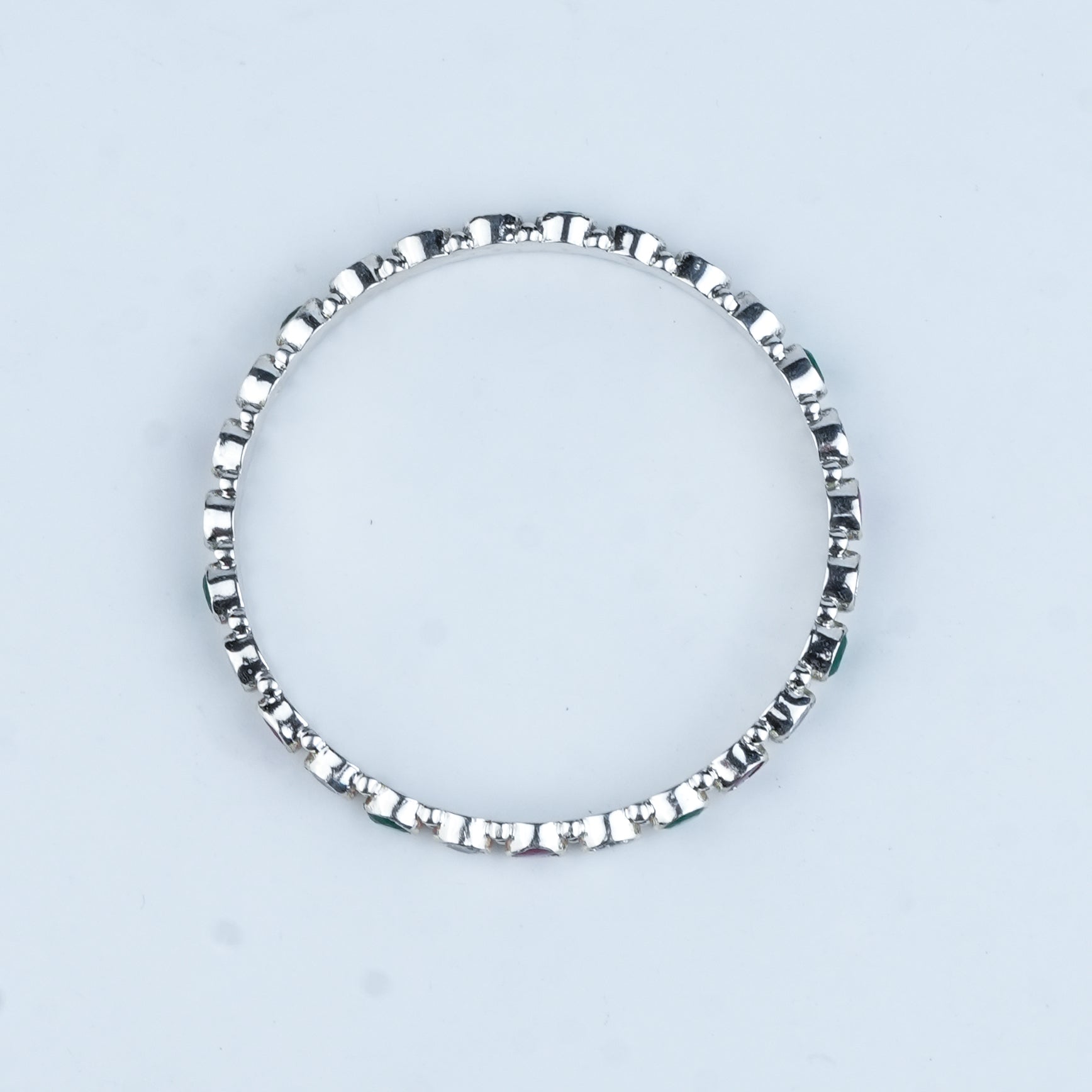 Silver Bangle with White, Green & Pink Stone