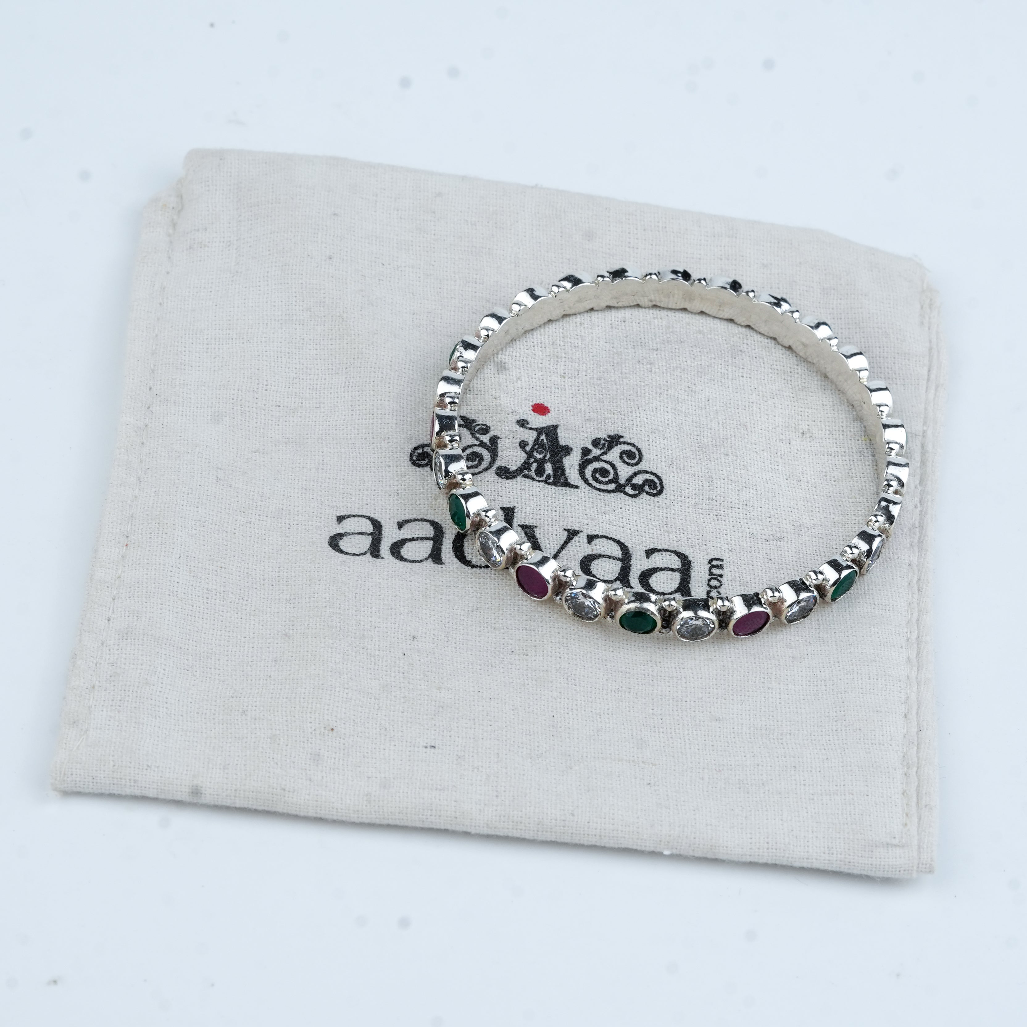 Silver Bangle with White, Green & Pink Stone