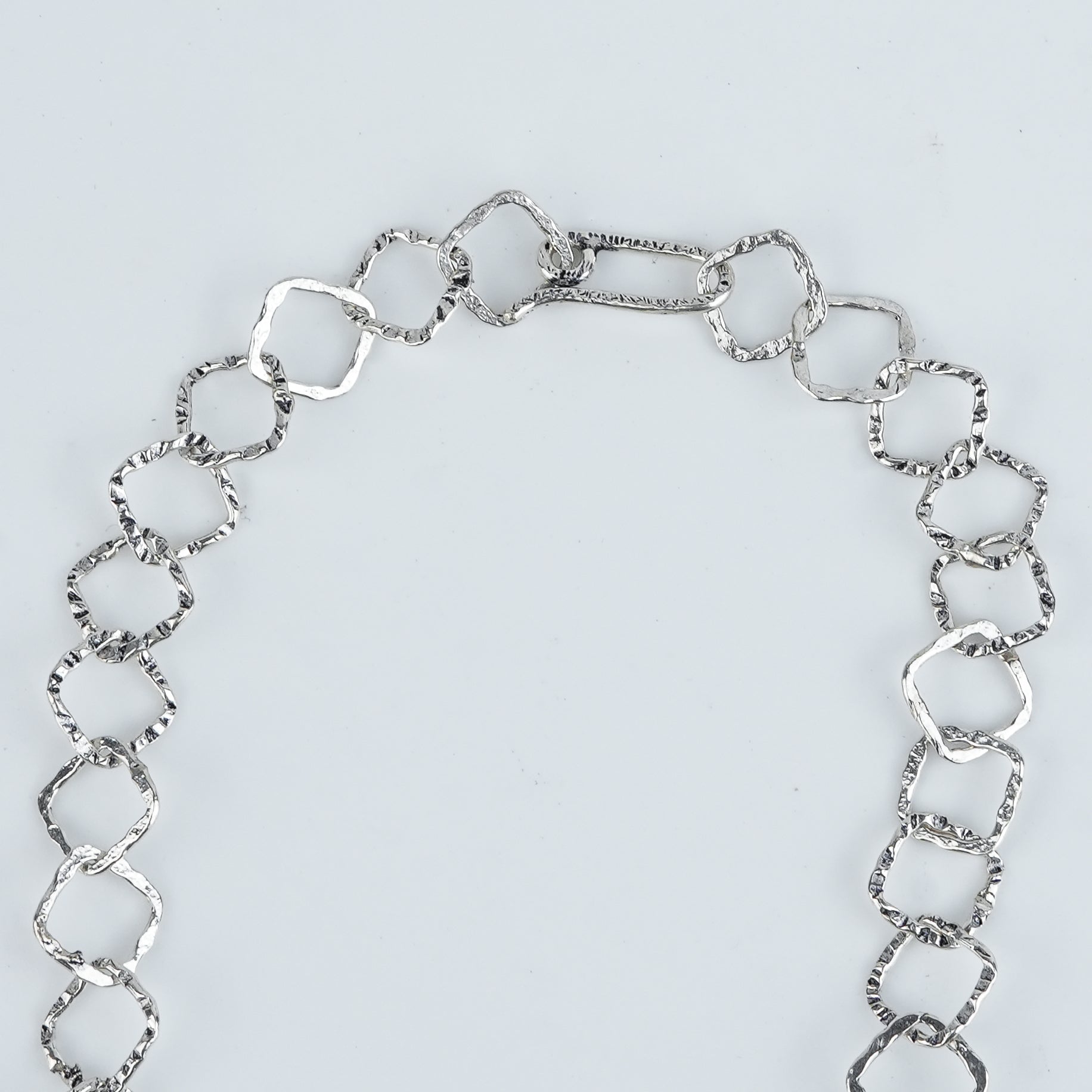 Silver Hammered Square Link Long Necklace