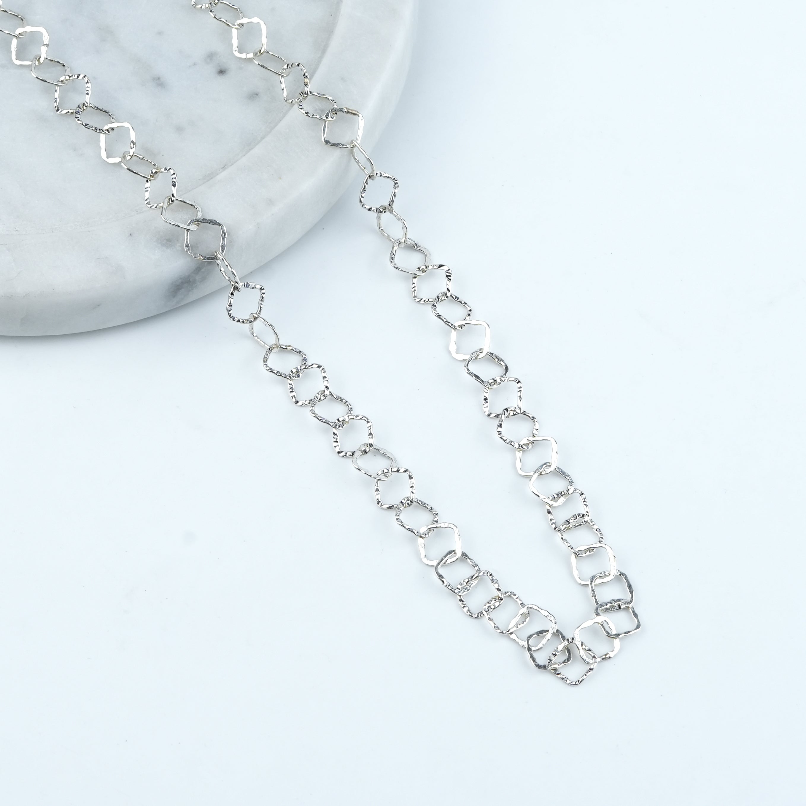 Silver Hammered Square Link Long Necklace