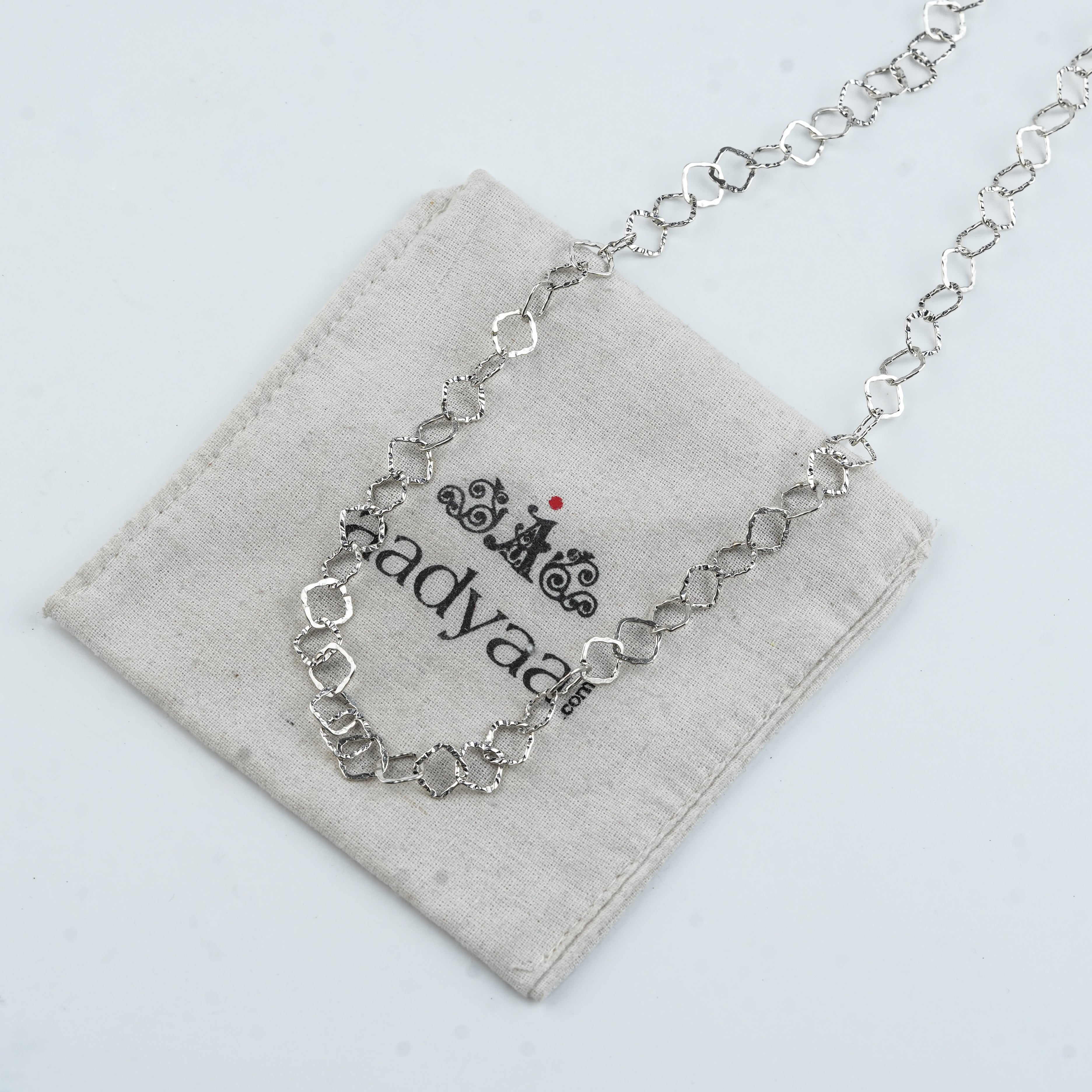 Silver Hammered Square Link Long Necklace