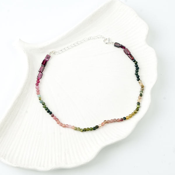 Silver Anklet - Garnet and Tourmaline