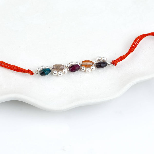 Multicolour Agate & Pearl Handmade Silver Rakhi
