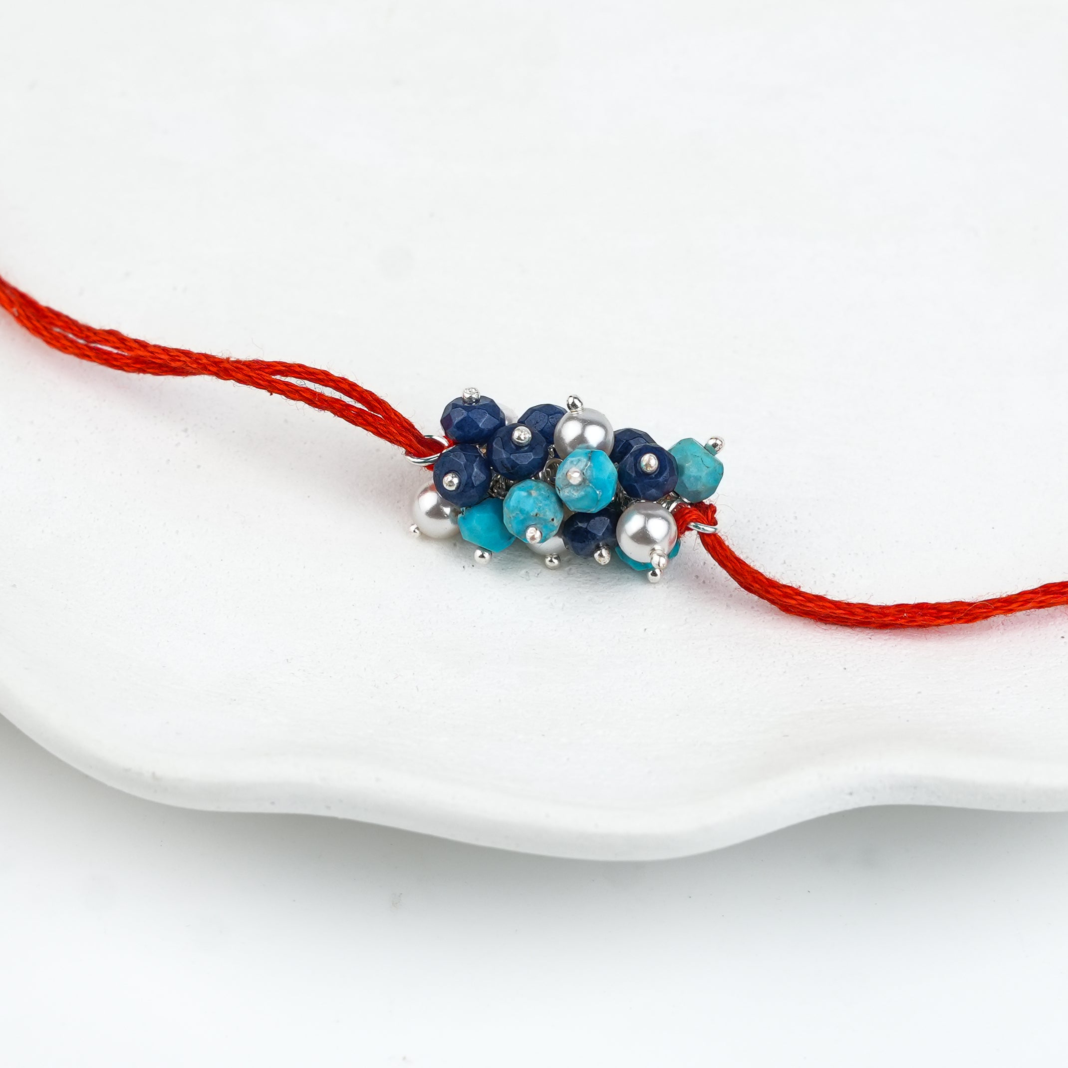 Turquoise, Blue Jade & Pearl Handmade Silver Rakhi