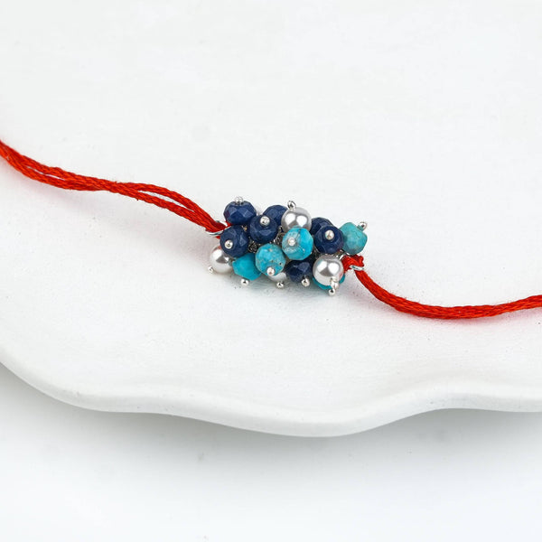 Turquoise, Blue Jade & Pearl Handmade Silver Rakhi