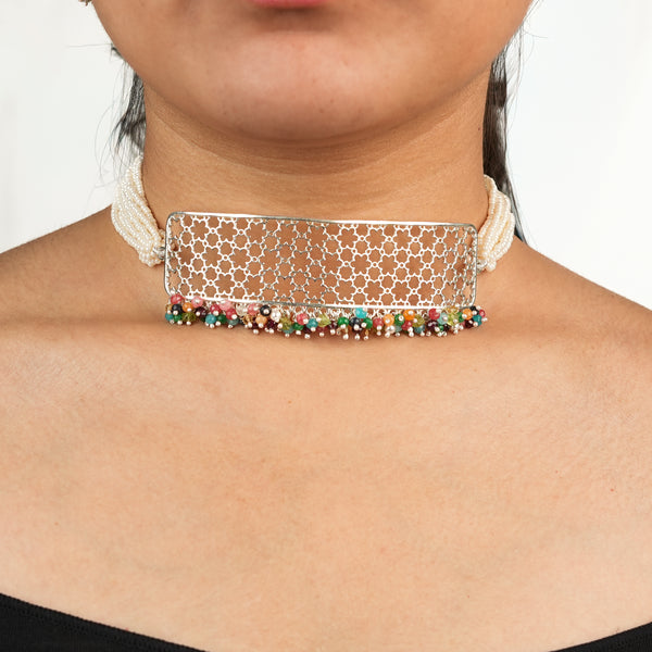 Pearl & Multicolour Bunch Filigree Flower Choker Set