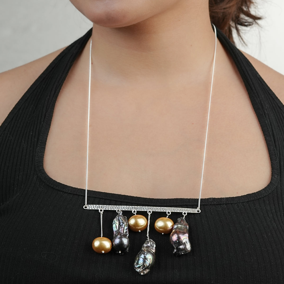 Abstract Pendant Necklace - Black Baroque Pearls and Golden Pearls (Project Handmade)