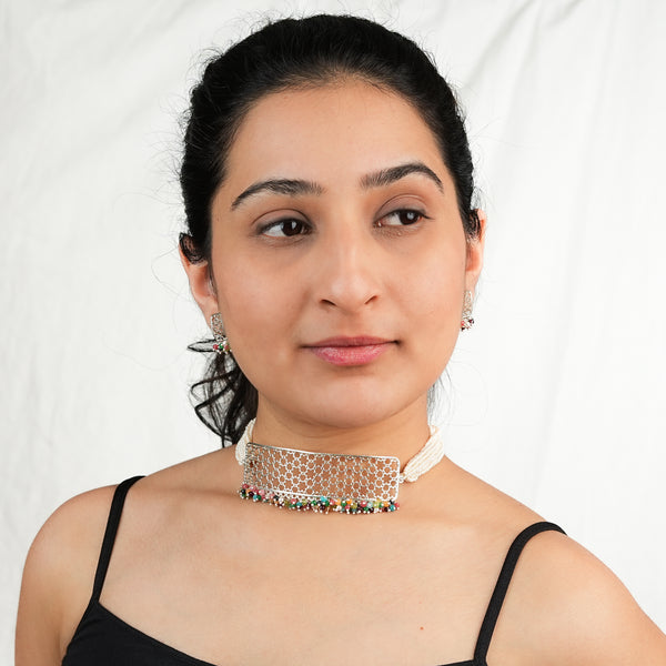 Pearl & Multicolour Bunch Filigree Flower Choker Set