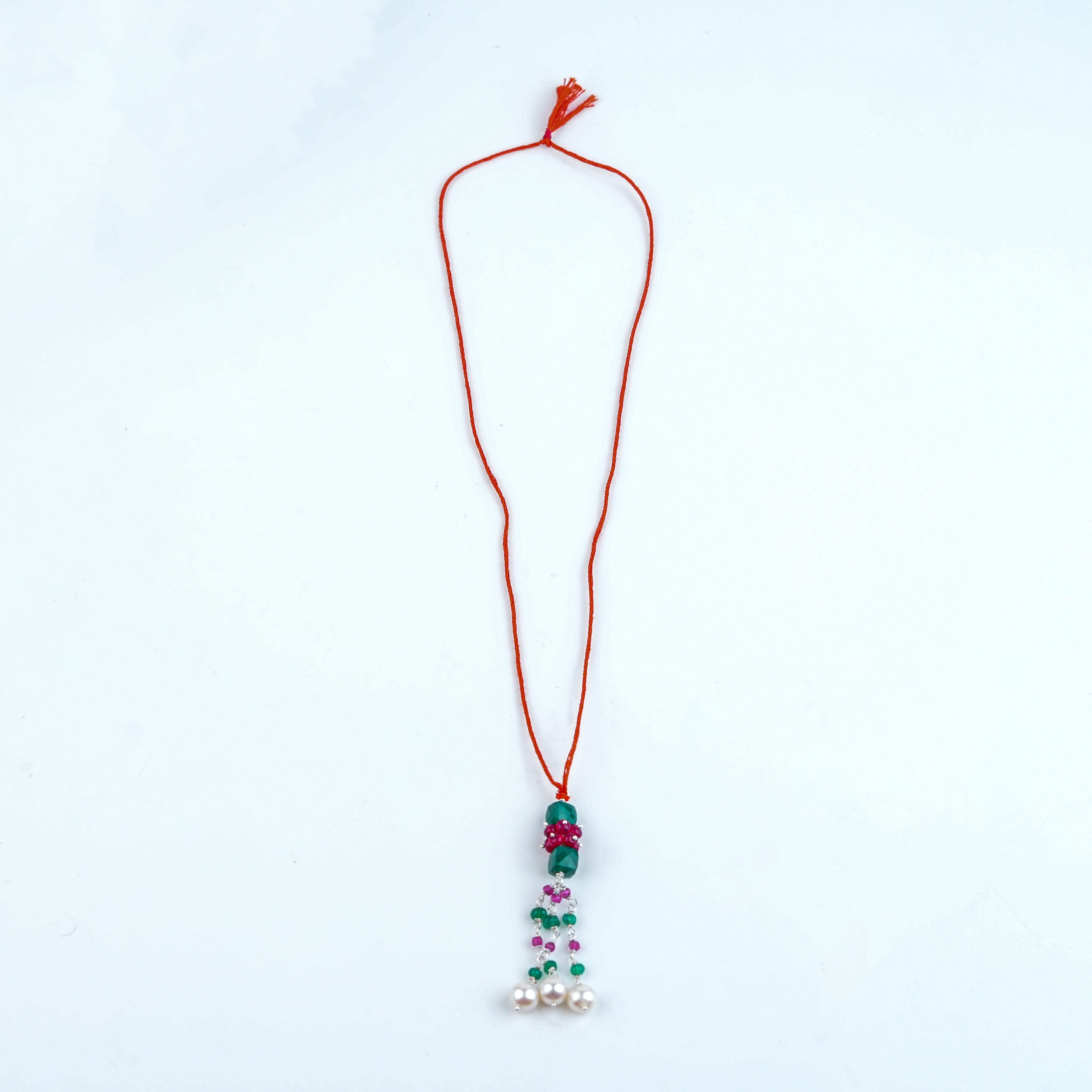 Green Onyx, Rubies & Pearl Handmade Silver Lumba Rakhi
