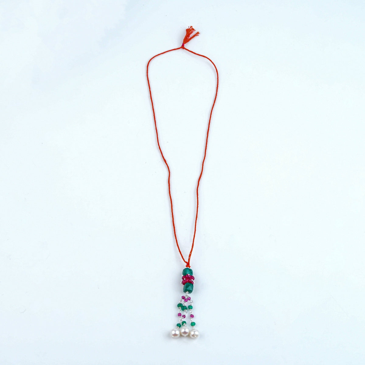 Green Onyx, Rubies & Pearl Handmade Silver Lumba Rakhi