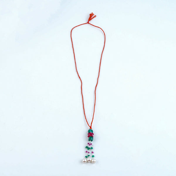 Green Onyx, Rubies & Pearl Handmade Silver Lumba Rakhi