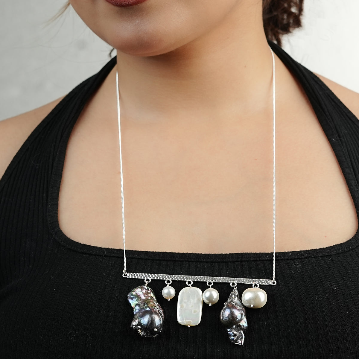 Abstract Pendant Necklace - Black Baroque Pearls and White Pearls (Project Handmade)