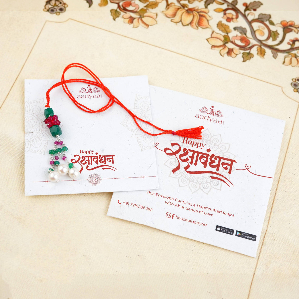 Green Onyx, Rubies & Pearl Handmade Silver Lumba Rakhi