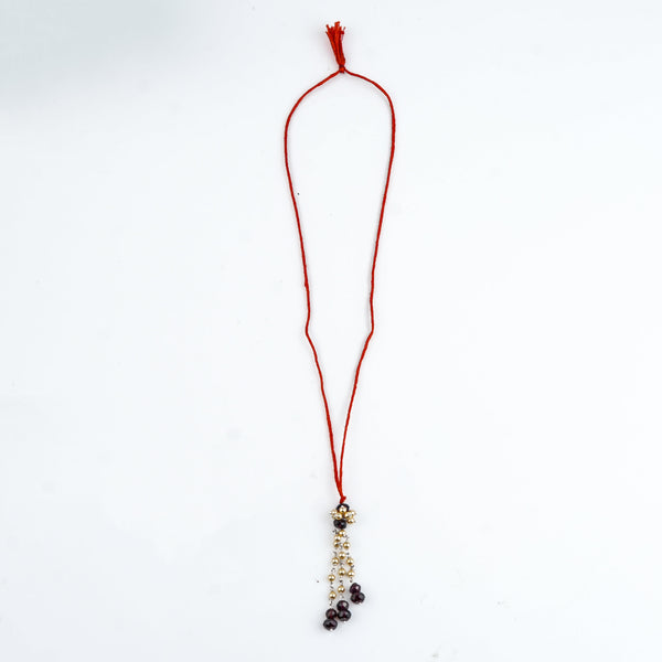 Garnet & Golden Pearl Handmade Silver Lumba Rakhi