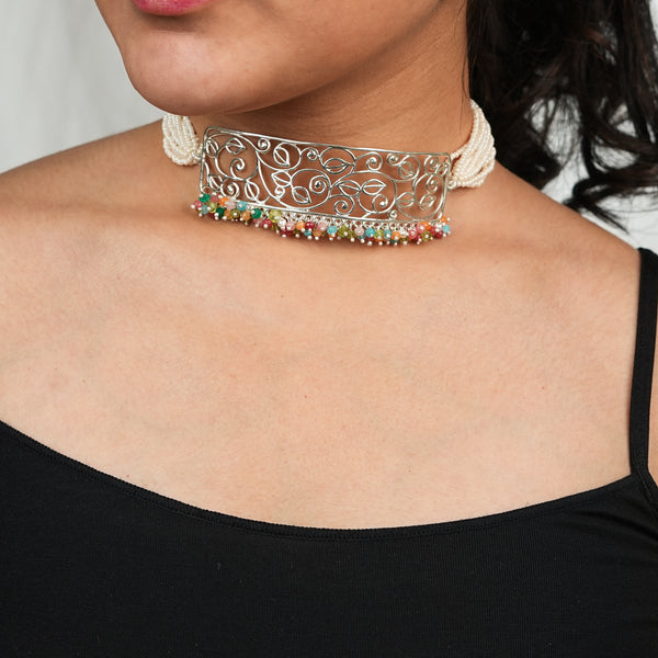 Pearl & Multicolour Bunch Filigree Leaf Choker Set