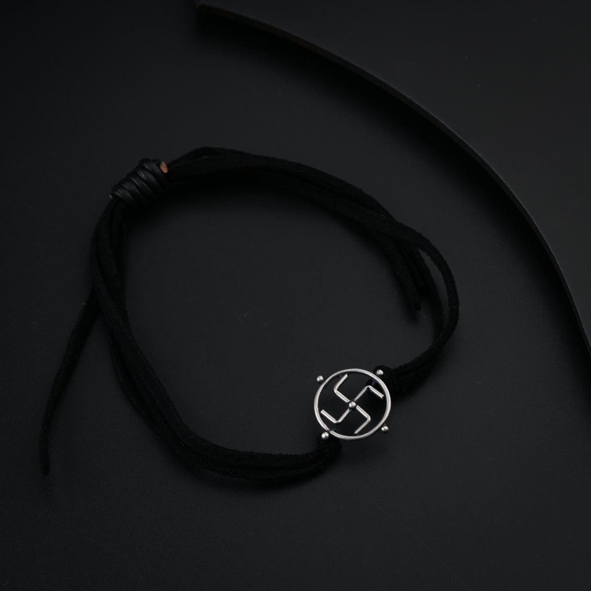 Silver Small Swastik Bracelet with Suede Cord