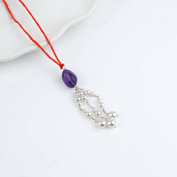 Amethyst & Pearl Handmade Silver Lumba Rakhi