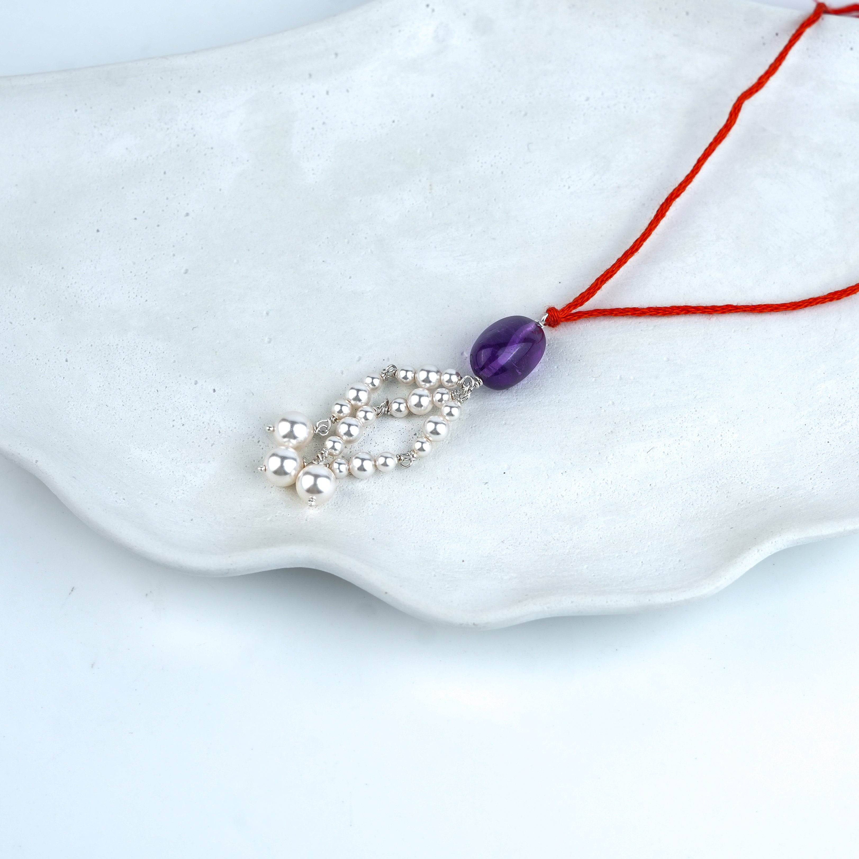 Amethyst & Pearl Handmade Silver Lumba Rakhi