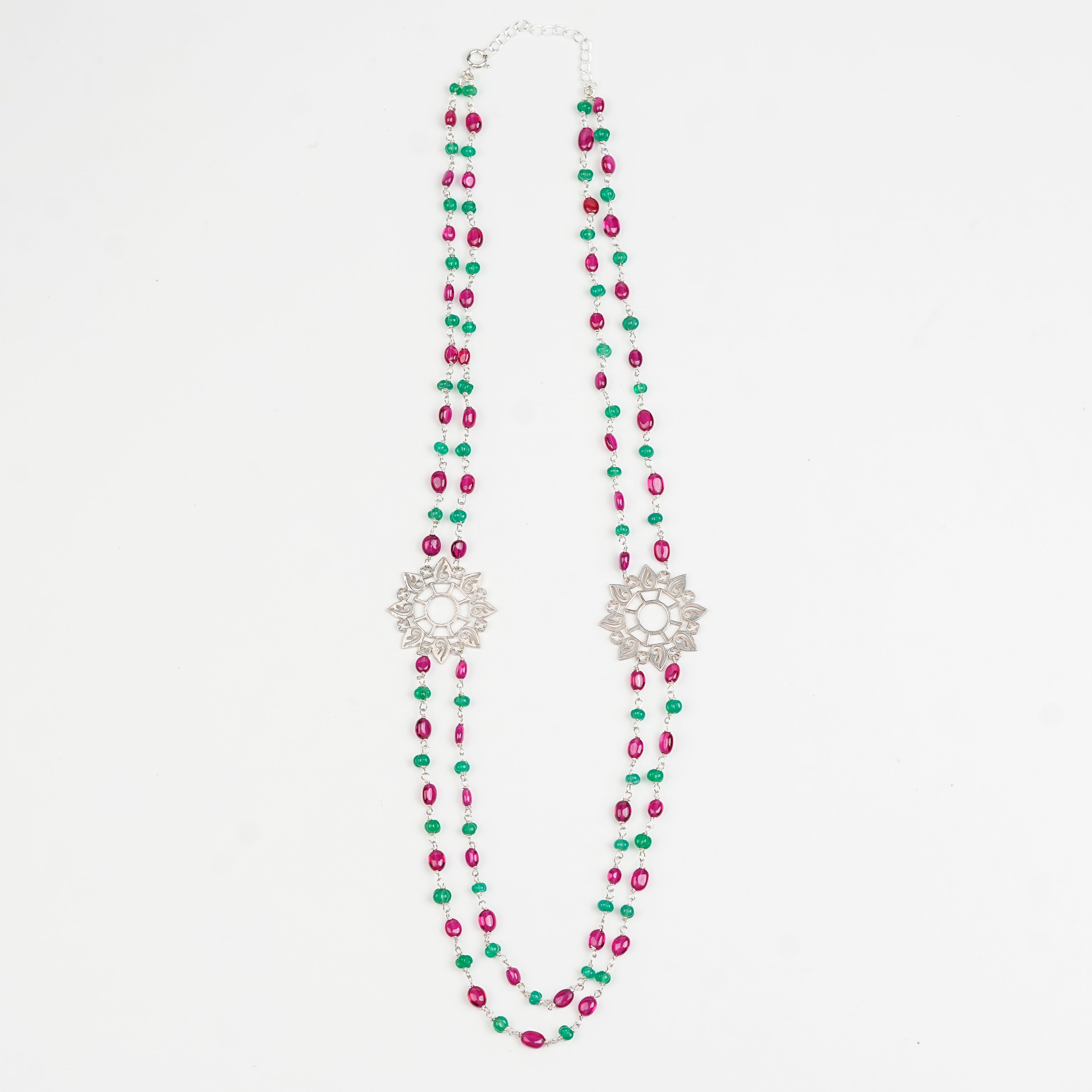 Filigree Pendant, Green Onyx, and Rubies Double Layer Necklace