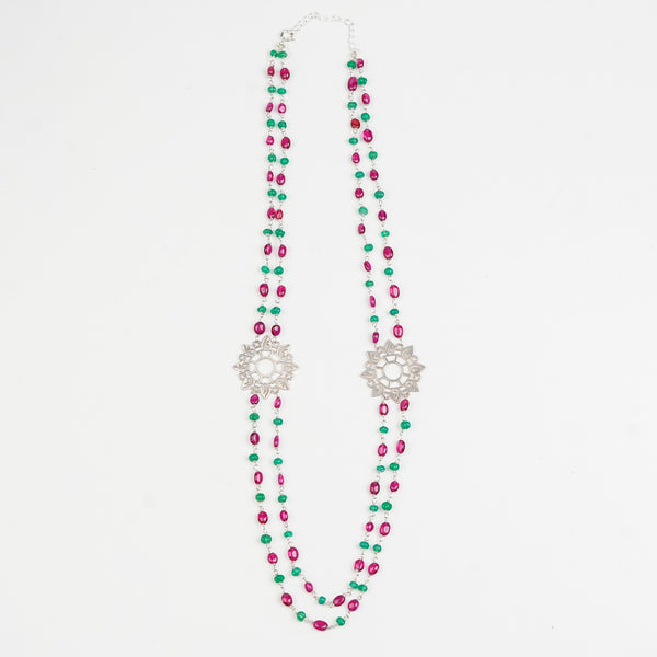 Filigree Pendant, Green Onyx, and Rubies Double Layer Necklace