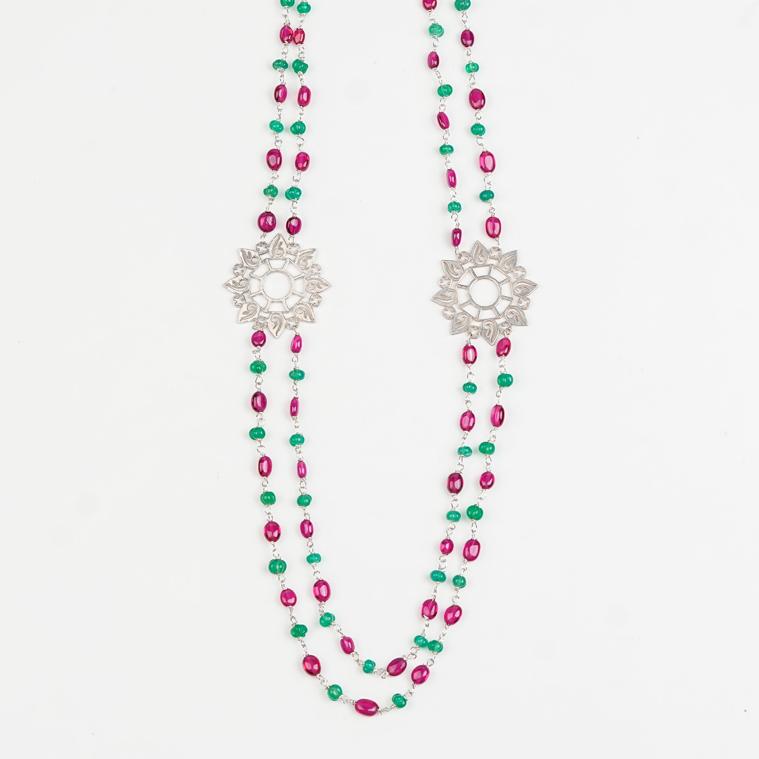 Filigree Pendant, Green Onyx, and Rubies Double Layer Necklace