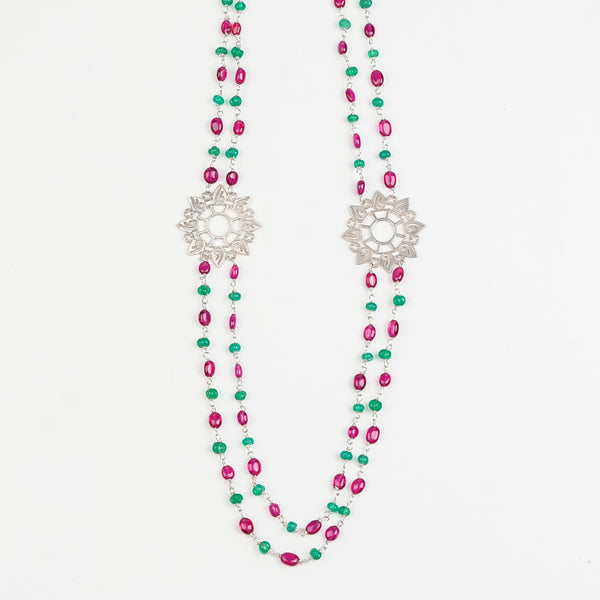 Filigree Pendant, Green Onyx, and Rubies Double Layer Necklace