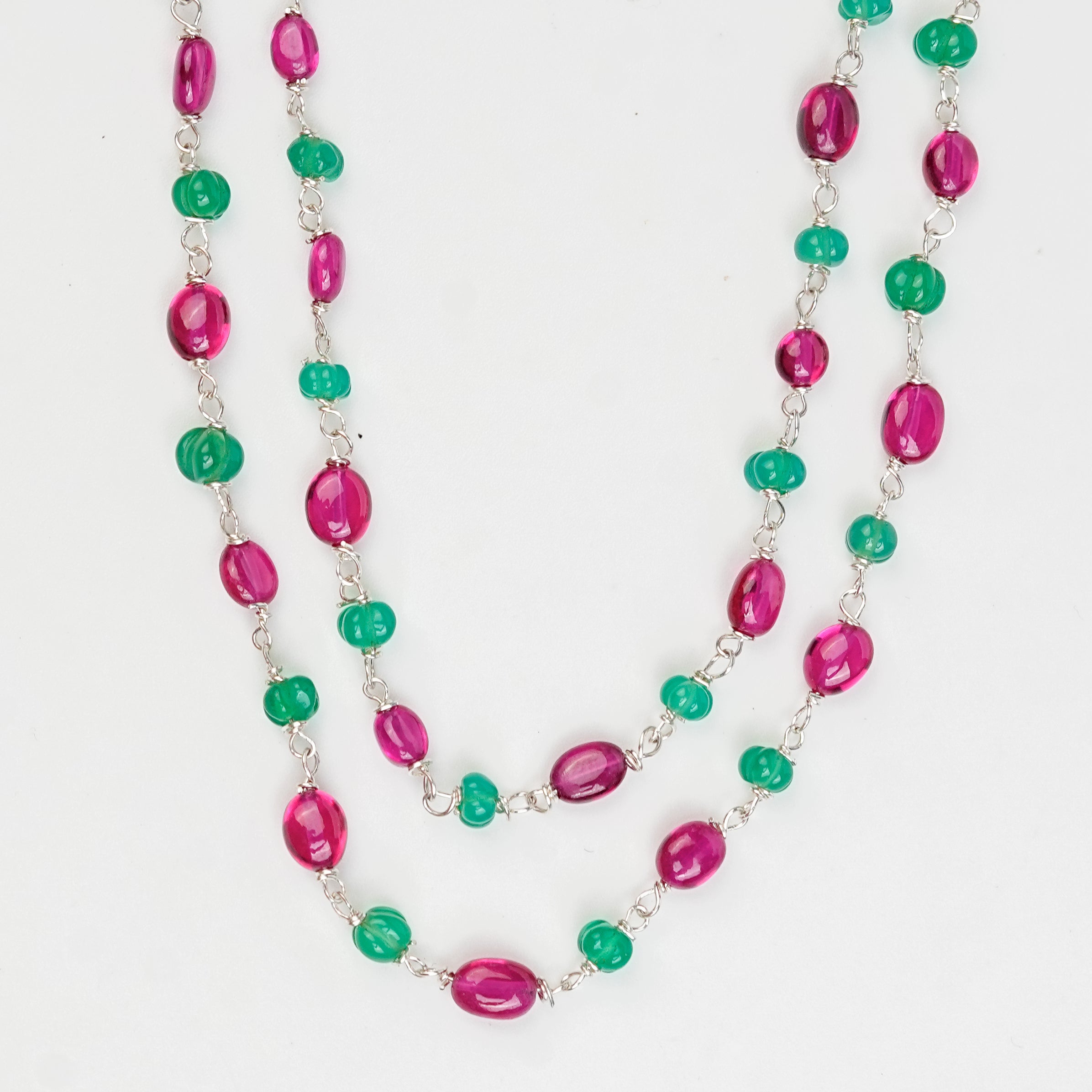 Filigree Pendant, Green Onyx, and Rubies Double Layer Necklace