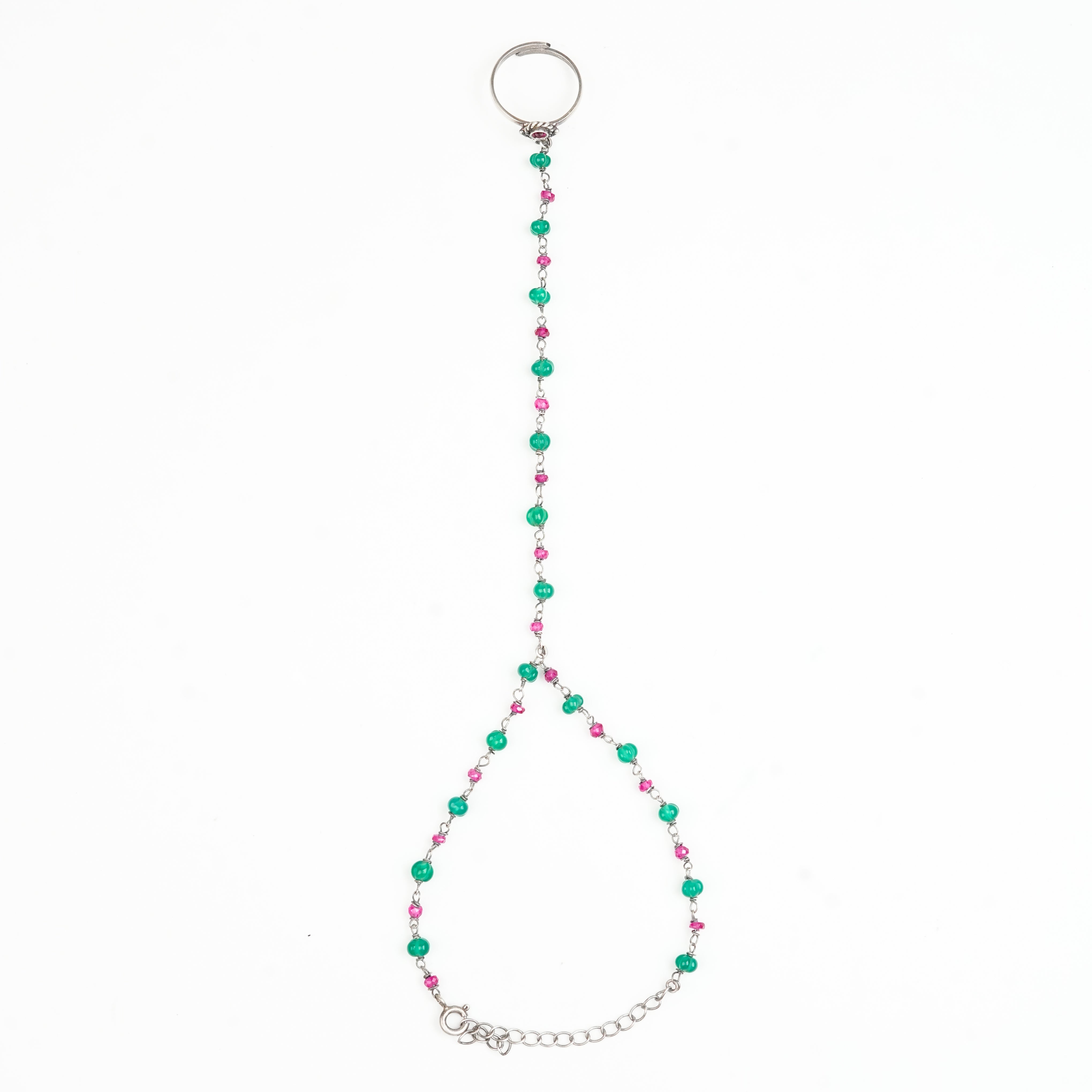 Chandrika, Ruby & Green Onyx Ganthan Haath Phool | 92.5 Sterling Silver