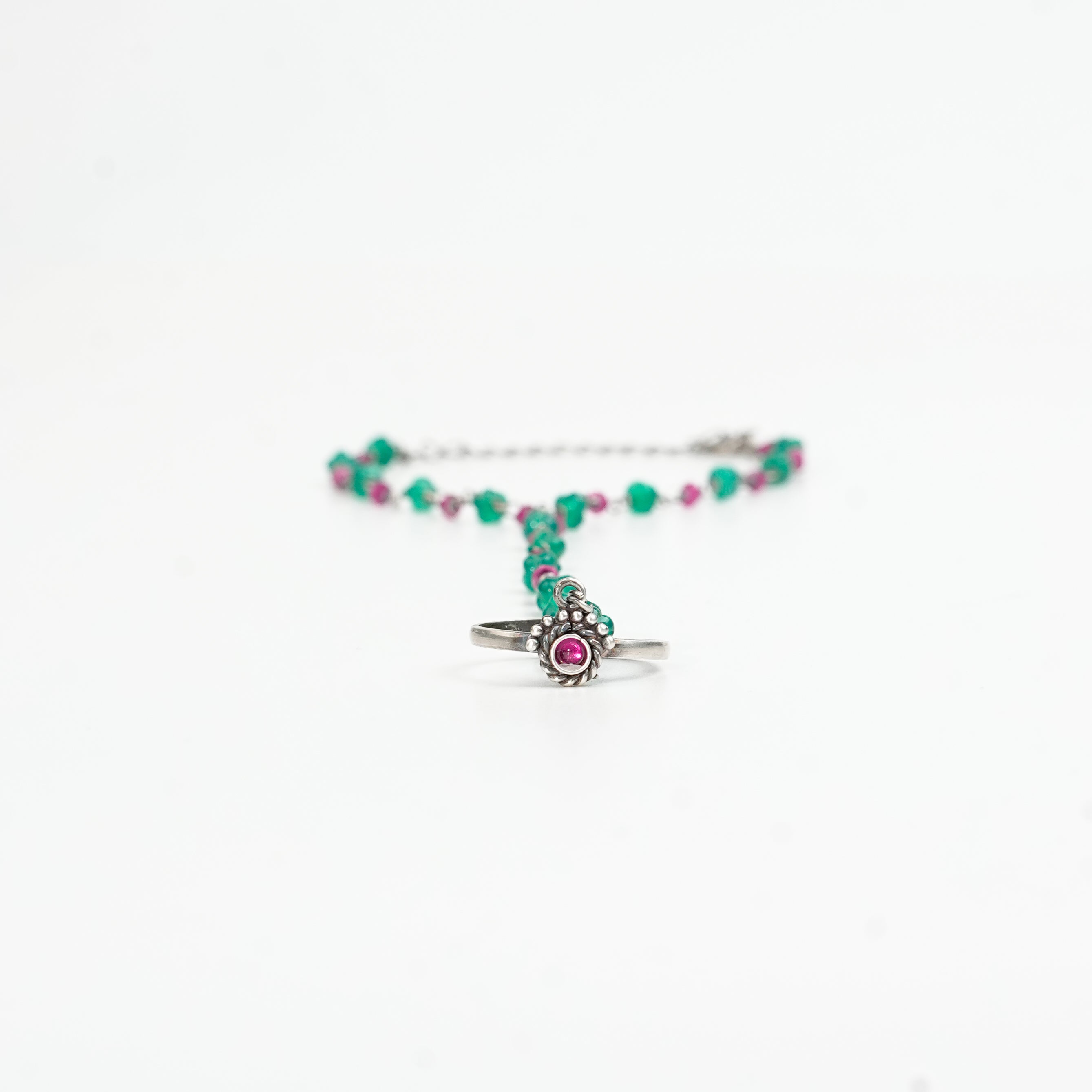 Chandrika, Ruby & Green Onyx Ganthan Haath Phool | 92.5 Sterling Silver