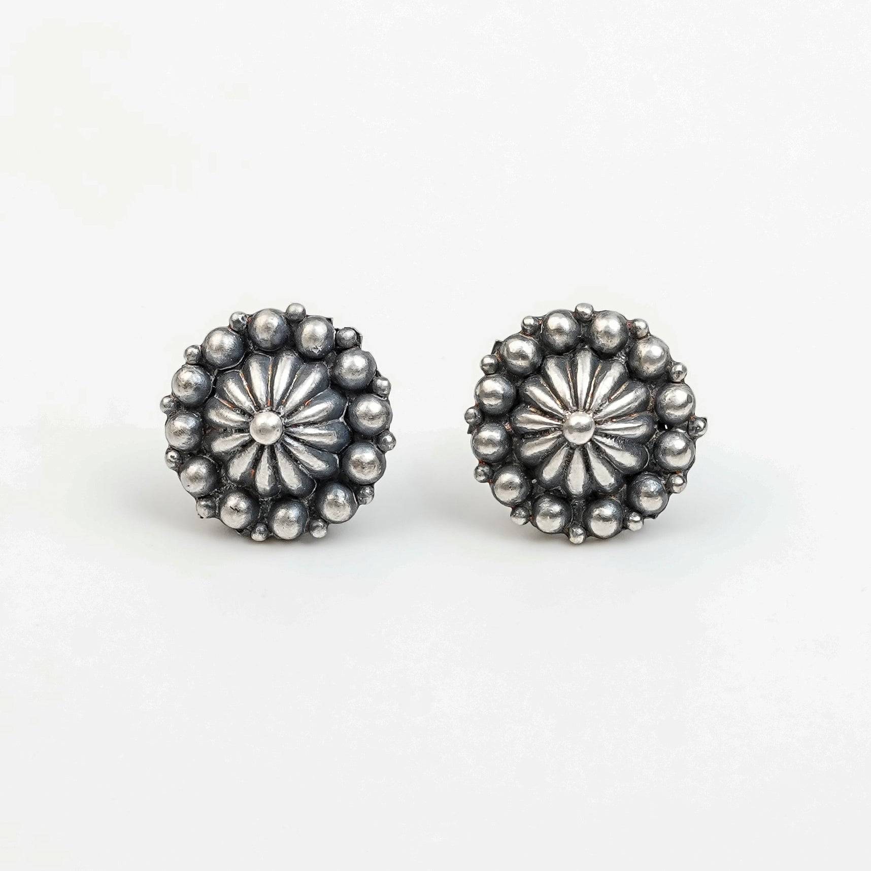 Close-up of Silver Oxidized Dome Earrings showcasing intricate craftsmanship and detailed oxidized finish