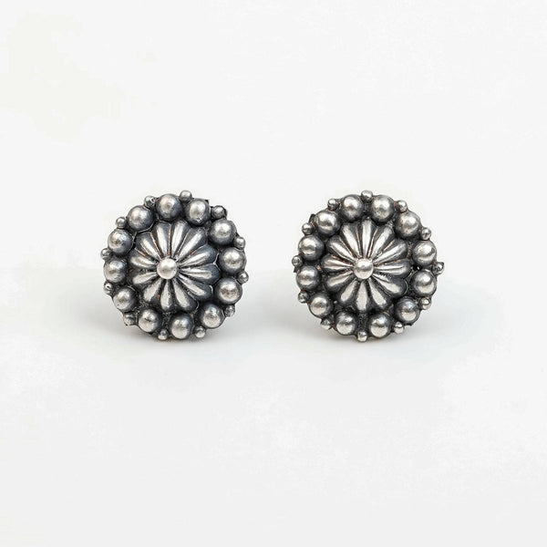 Close-up of Silver Oxidized Dome Earrings showcasing intricate craftsmanship and detailed oxidized finish