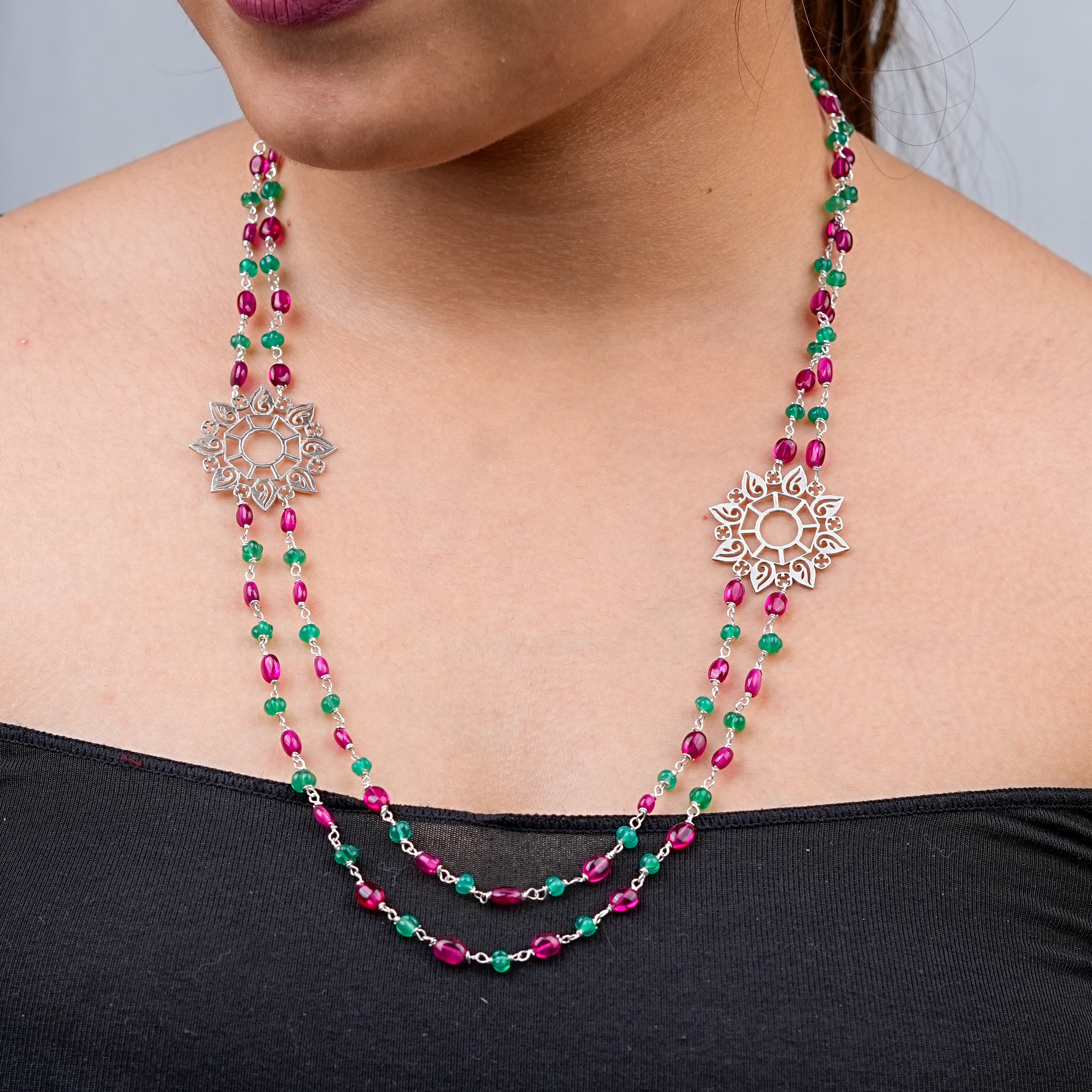 Filigree Pendant, Green Onyx, and Rubies Double Layer Necklace