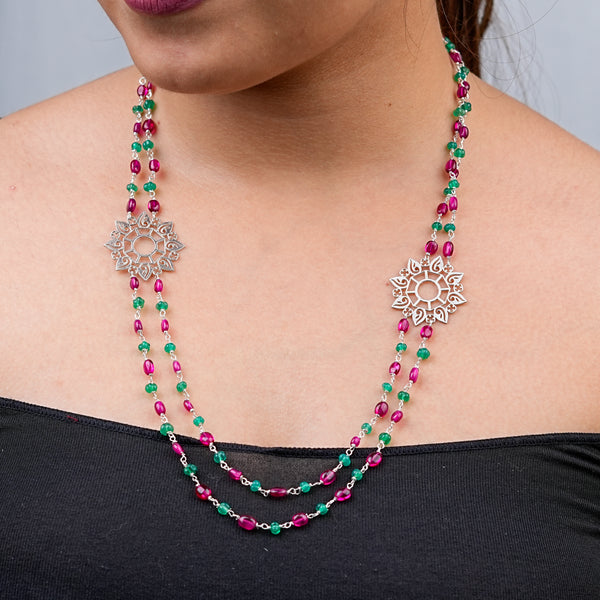 Filigree Pendant, Green Onyx, and Rubies Double Layer Necklace
