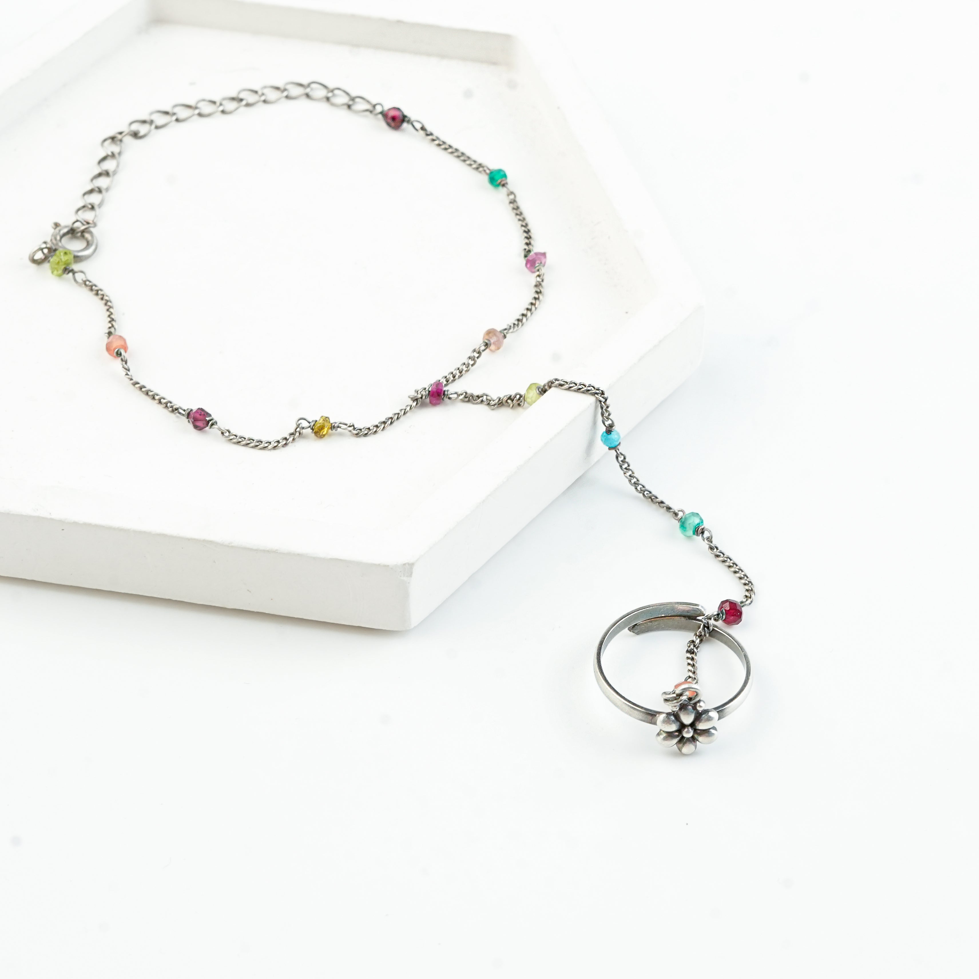 Flower Haath Phool with Multicoloured Stones | 92.5 Sterling Silver