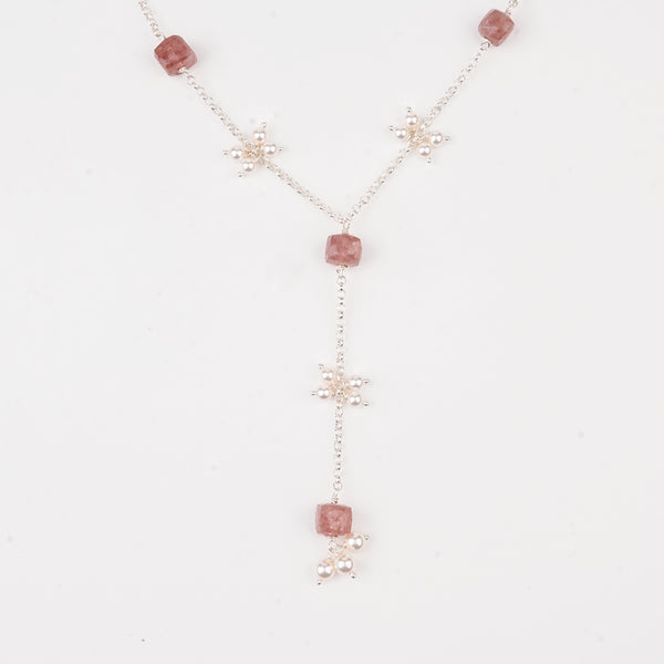 Strawberry Quartz and Pearl Bunch Y Necklace