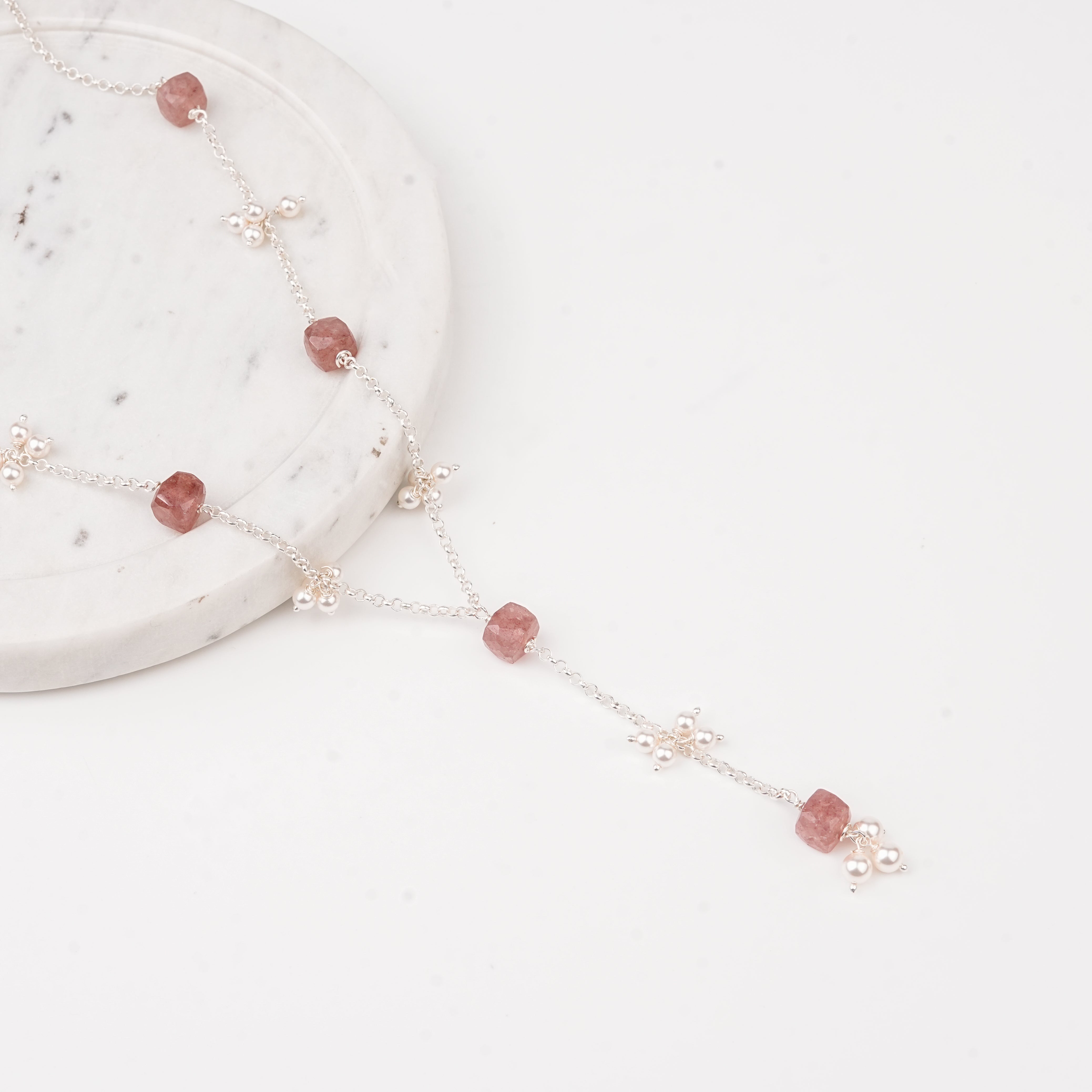Strawberry Quartz and Pearl Bunch Y Necklace