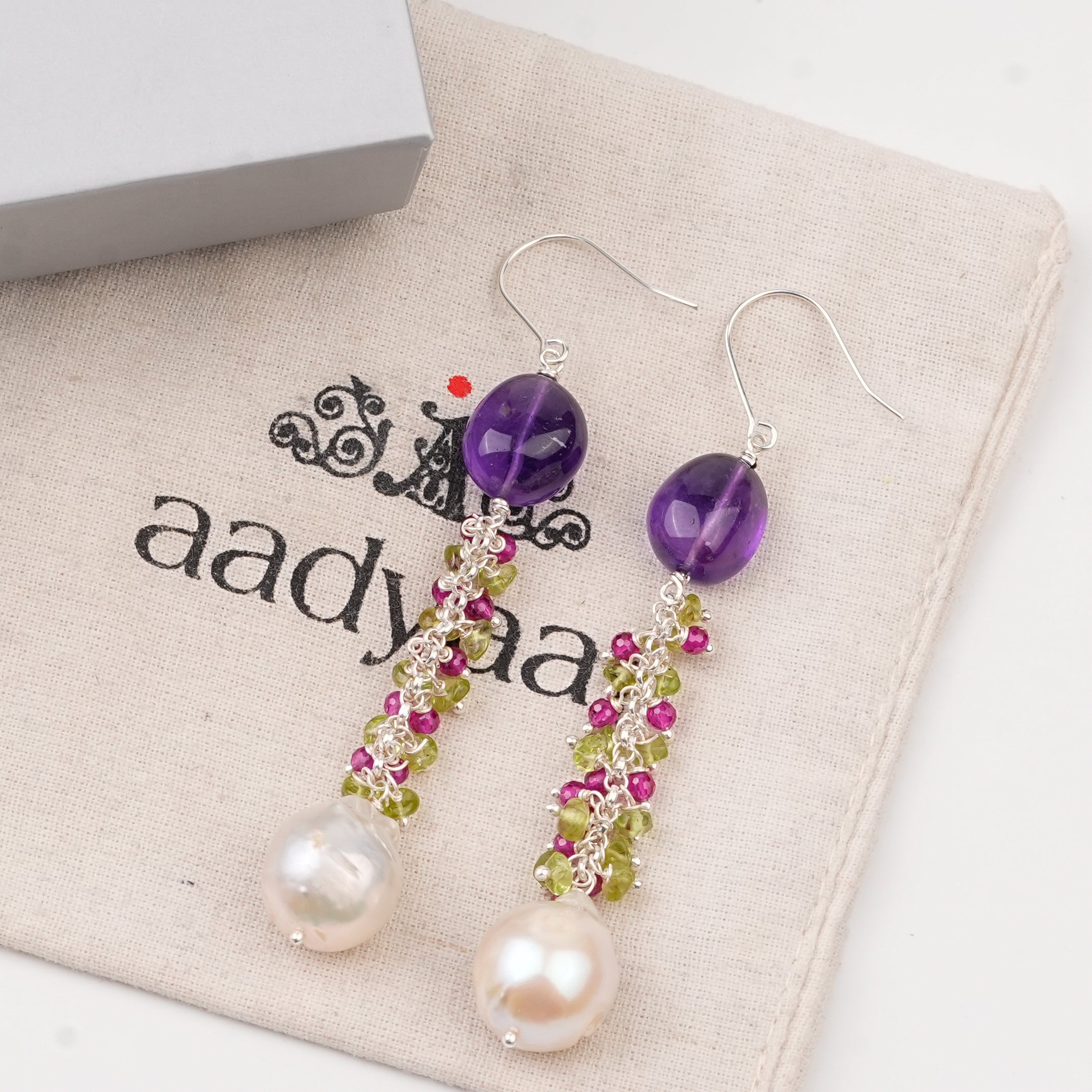 Amethyst, Peridot, Ruby and Baroque Pearl Earrings (Project Handmade)