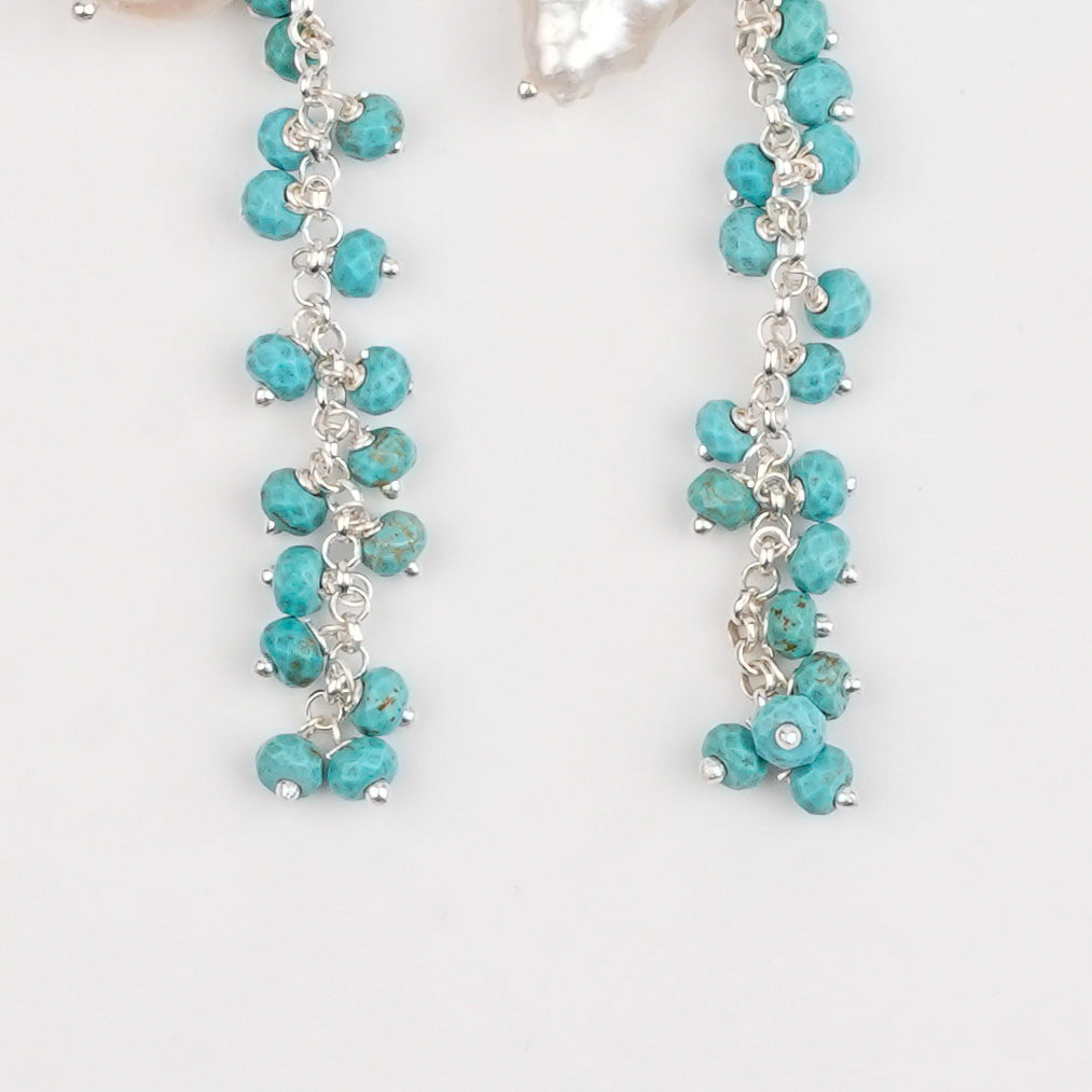 Flat Pearl & Turqouise Vine Earrings (Project Handmade)