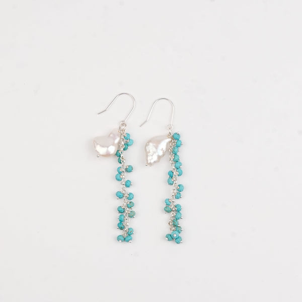 Flat Pearl & Turqouise Vine Earrings (Project Handmade)