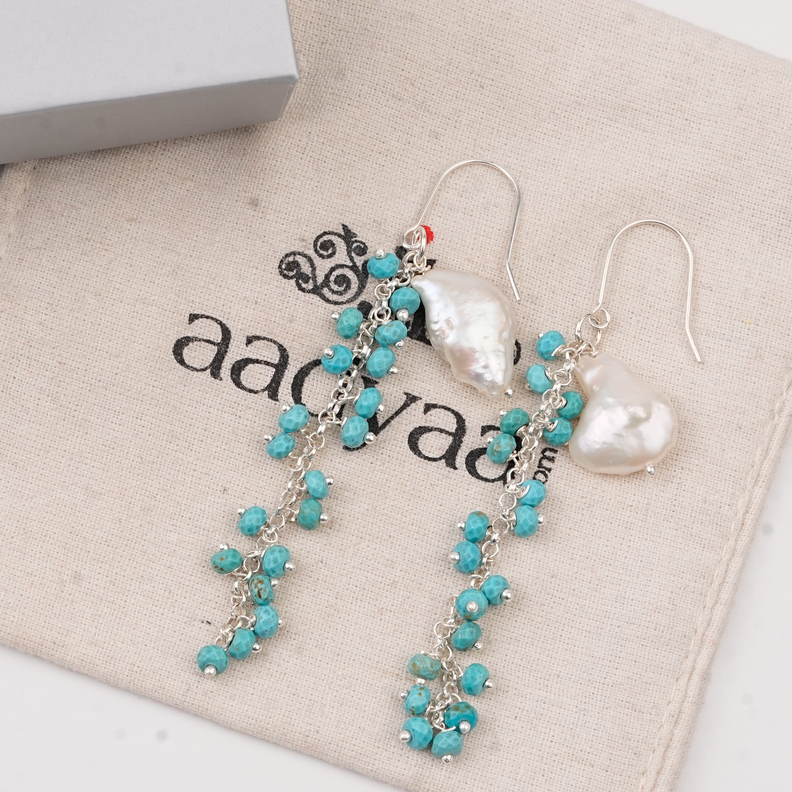 Flat Pearl & Turqouise Vine Earrings (Project Handmade)
