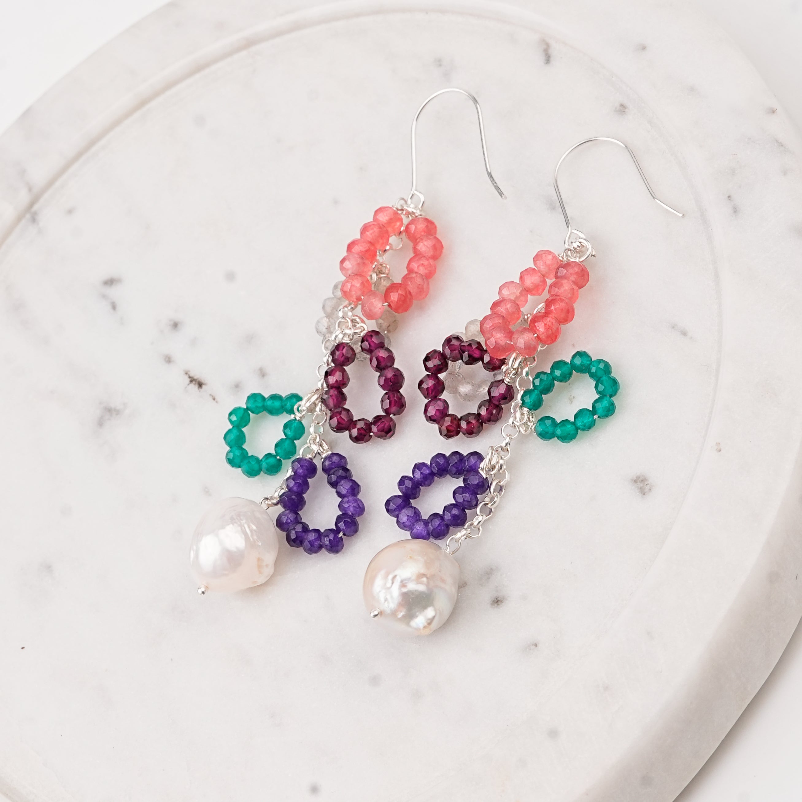 Multicolor Stone & Baroque Pearl Earrings (Project Handmade)