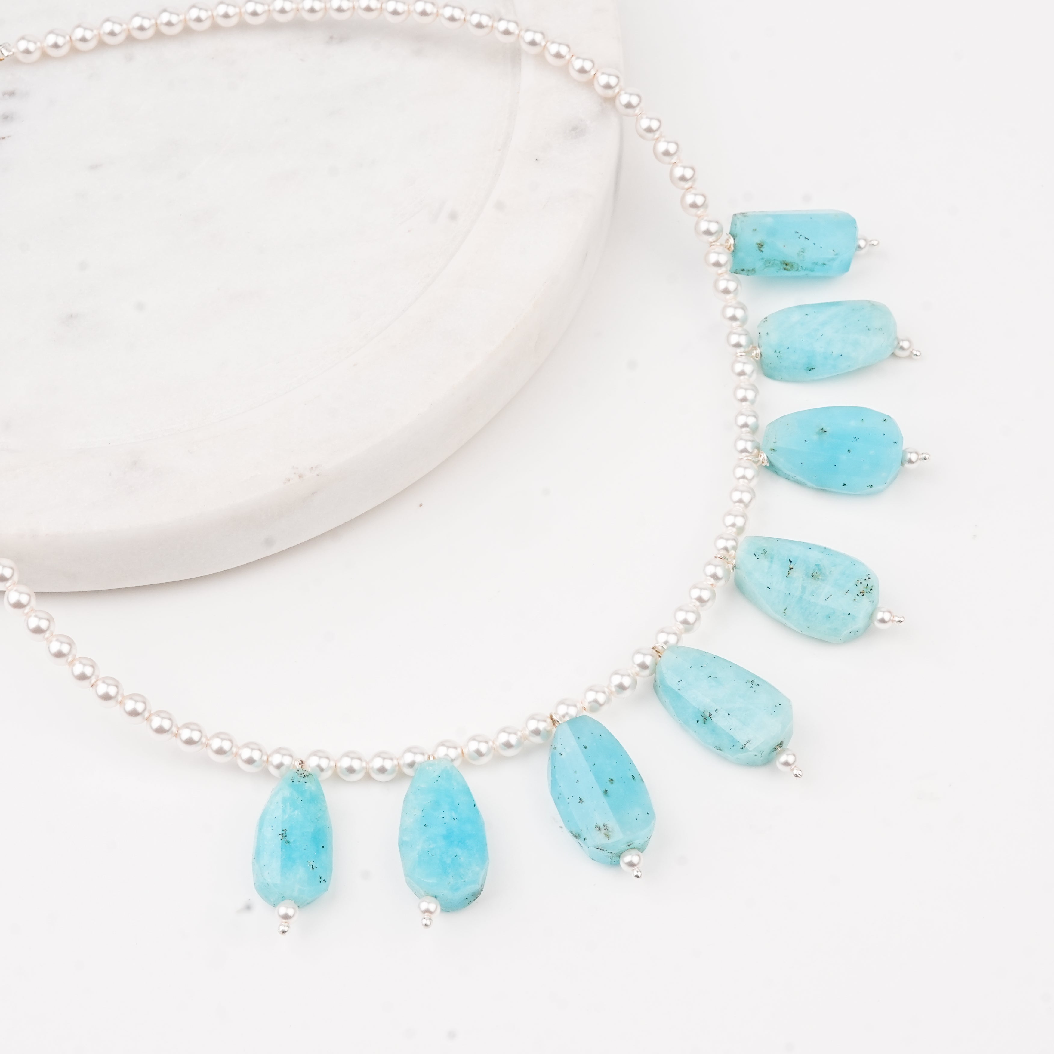 Luxe Necklace - Pearl and Larimar Drops