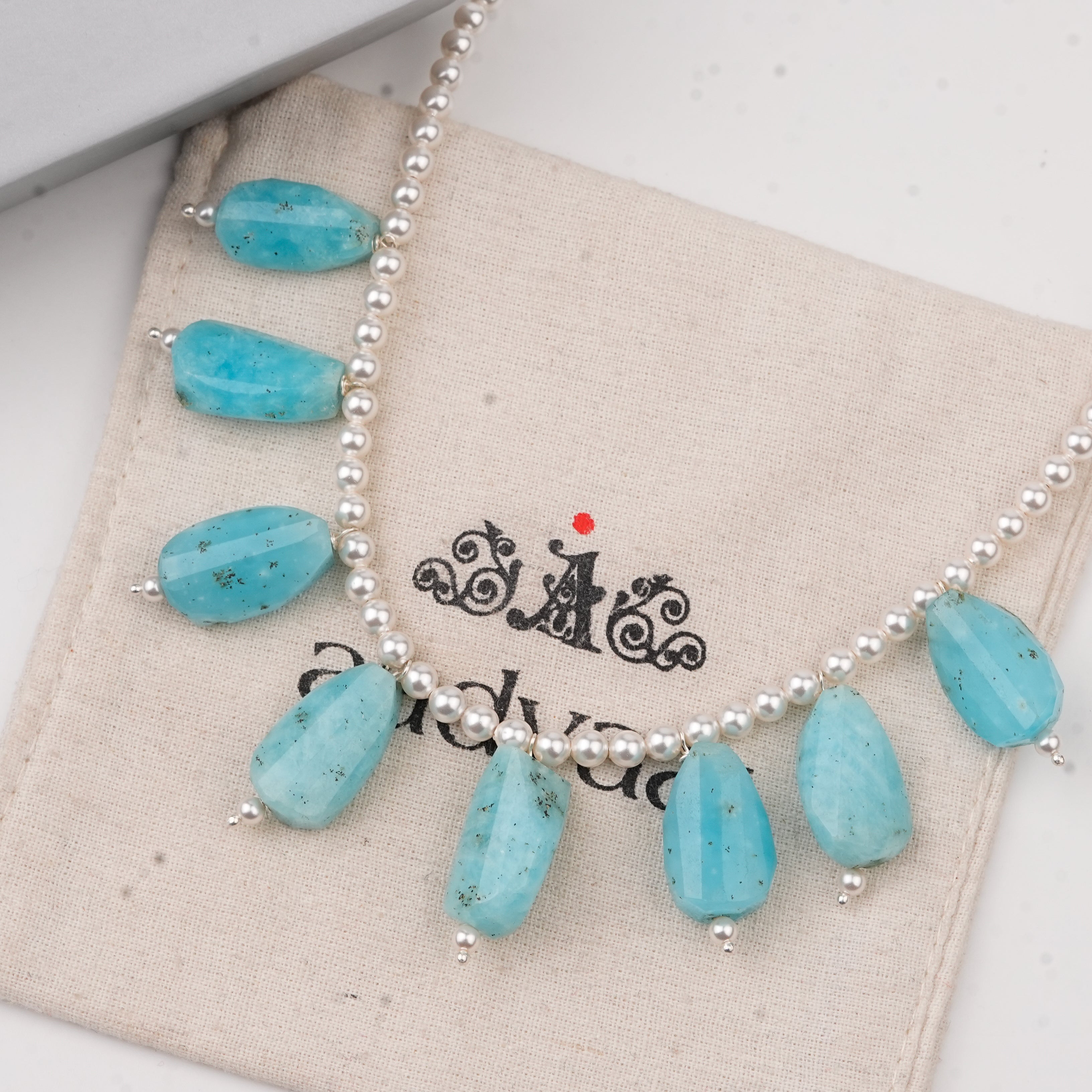 Luxe Necklace - Pearl and Larimar Drops