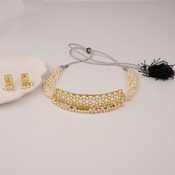 Silver Filigree Choker Set with Pearls | 22K Gold-Plated