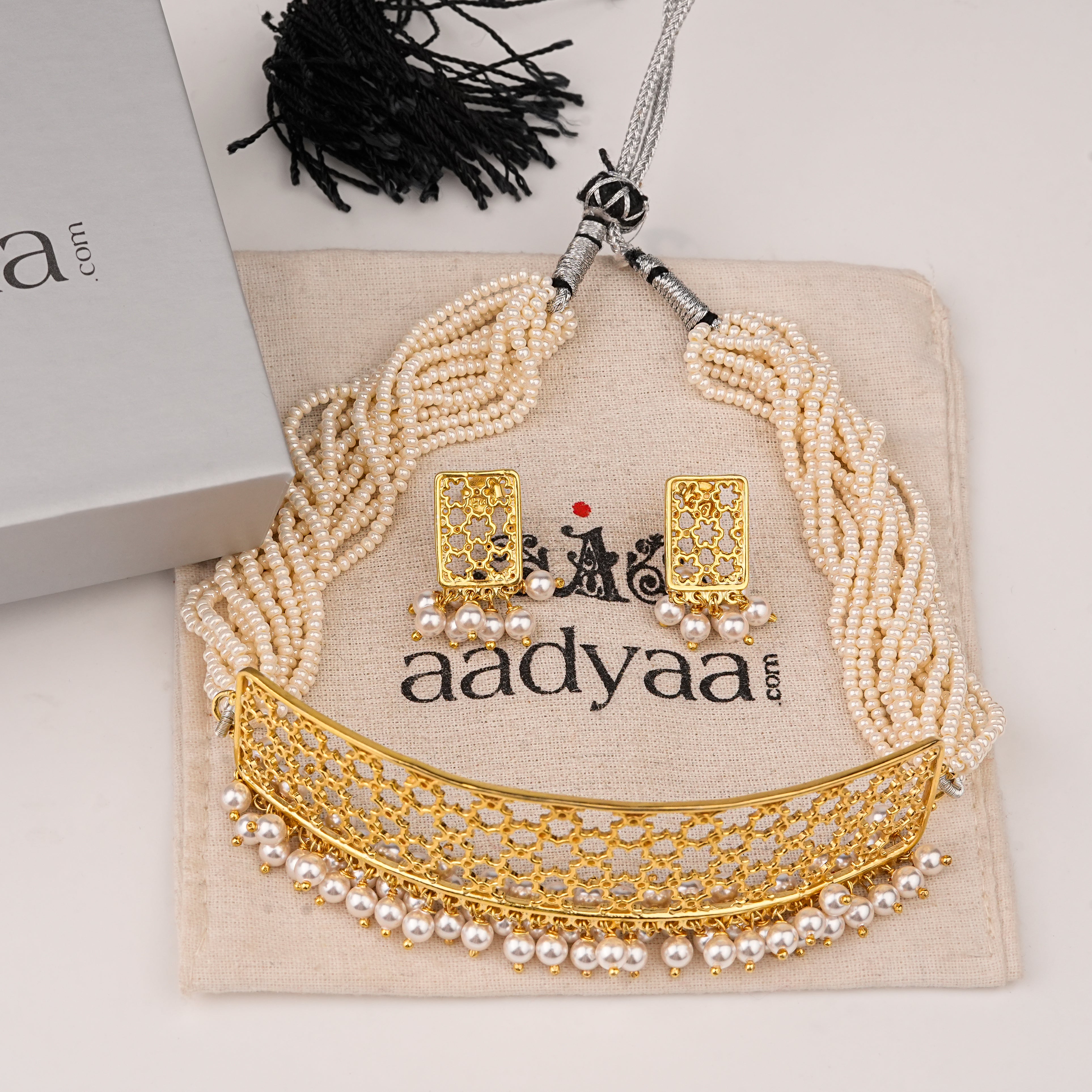 Silver Filigree Choker Set with Pearls | 22K Gold-Plated