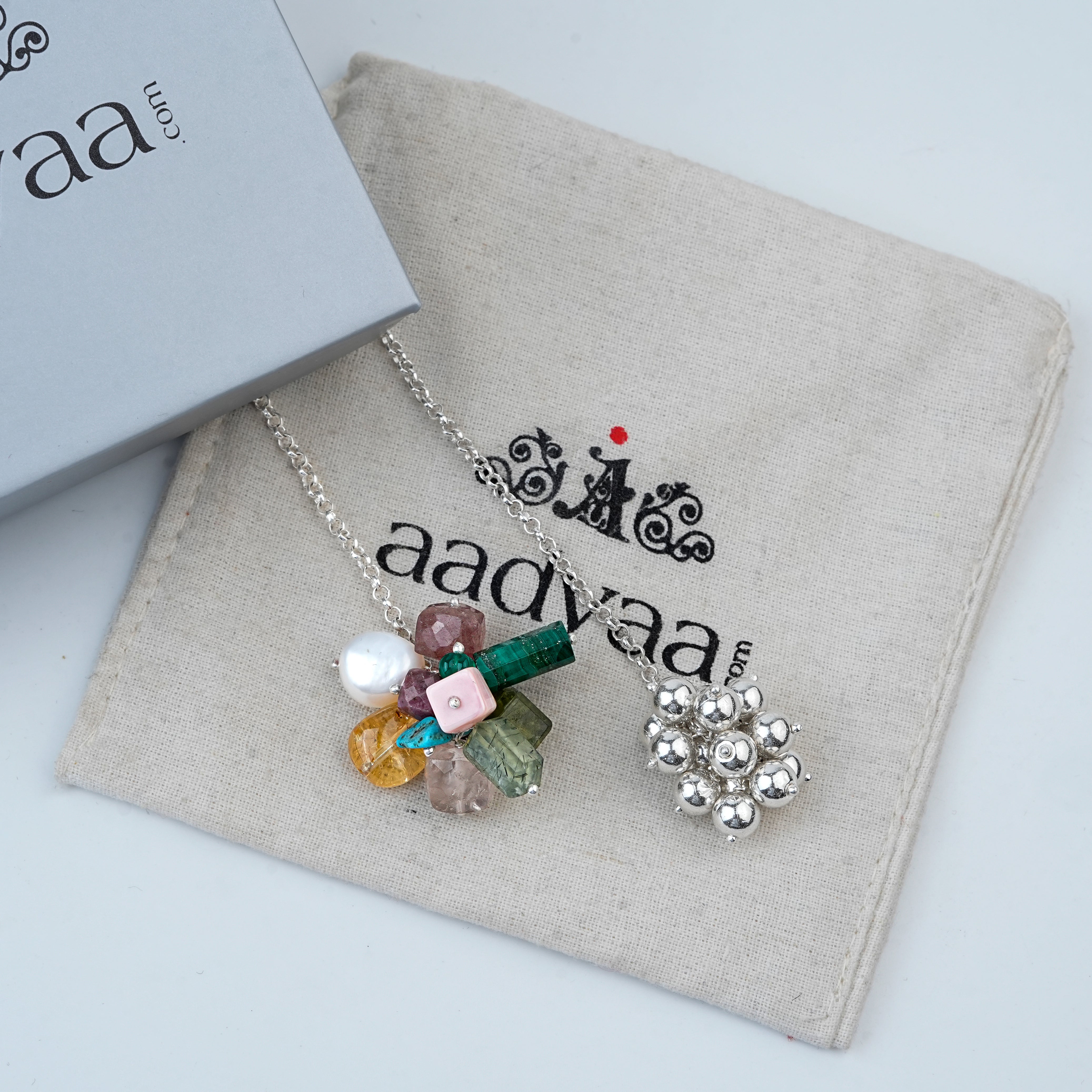 Multicolour Stones & Sarmanee Bunch Tie & Wear Necklace | 92.5 Sterling Silver