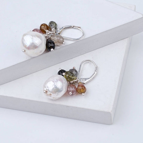 Close-up of Tourmaline Bunch & Pearl Silver Earrings showcasing natural tourmaline stones, lustrous pearls, and intricate handmade silver craftsmanship