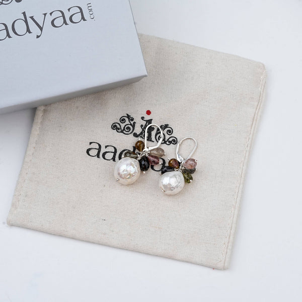 Detailed view of Tourmaline Bunch & Pearl Silver Earrings highlighting natural tourmaline bunches, pearl accents, handcrafted silverwork, and polished finish